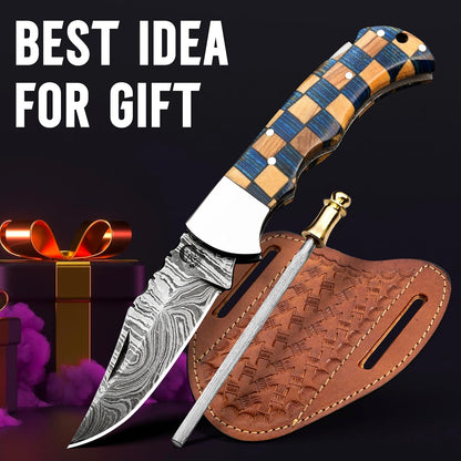Damascus Steel Pocket Knife with Clip and Leather Sheath - EDC Knives for Outdoor and Camping Activities, Handmade Folding Knife, Free Sharpner (Chess foldable)