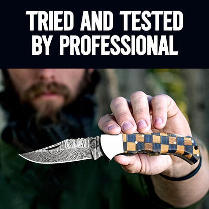 Damascus Steel Pocket Knife with Clip and Leather Sheath - EDC Knives for Outdoor and Camping Activities, Handmade Folding Knife, Free Sharpner (Chess foldable)