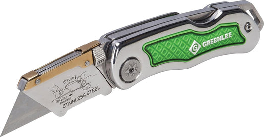 0652-22 8.9" Folding Utility Knife with Retractable 3-Position Serrated Blade, Silver/Green