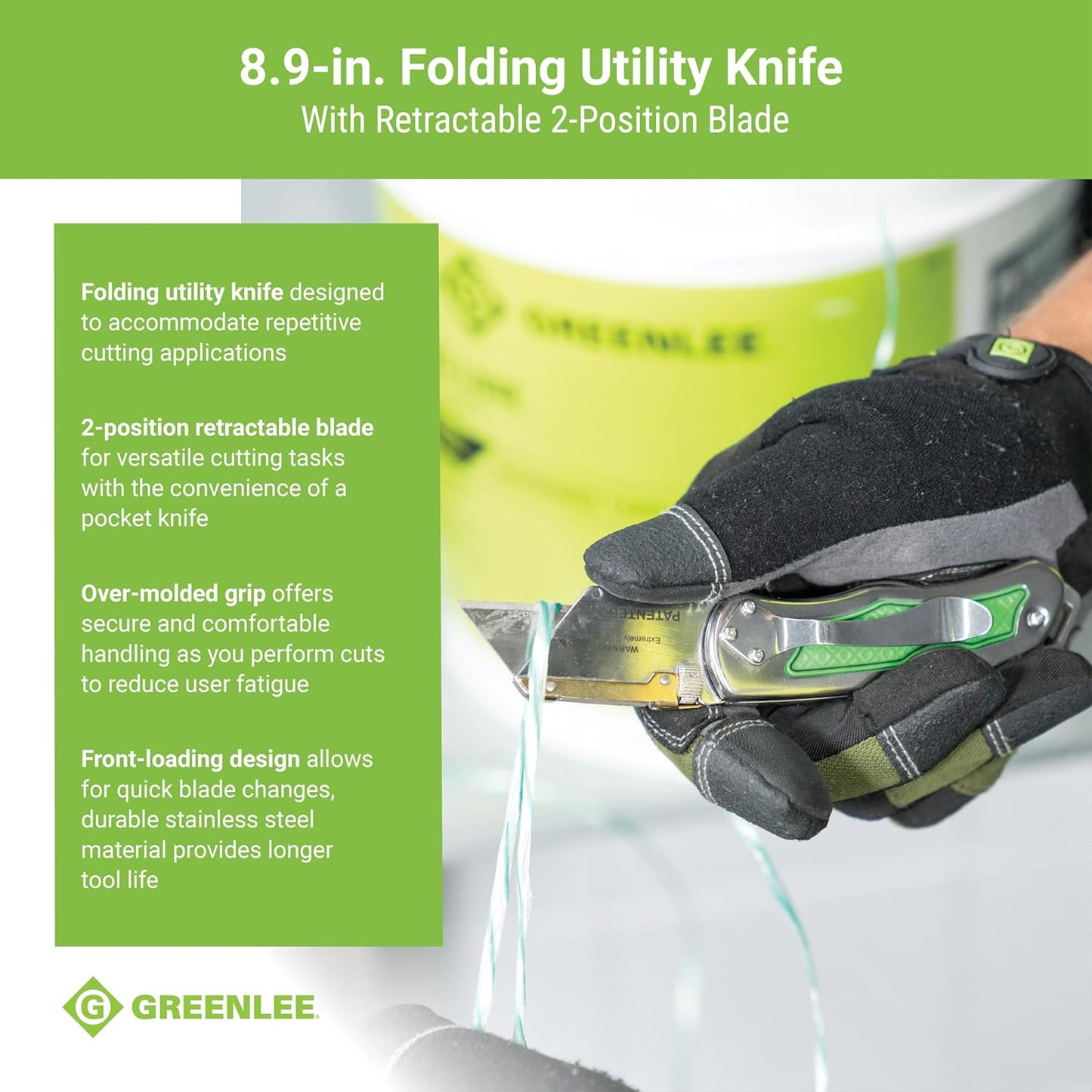 0652-22 8.9" Folding Utility Knife with Retractable 3-Position Serrated Blade, Silver/Green