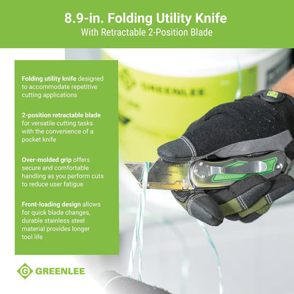 0652-22 8.9" Folding Utility Knife with Retractable 3-Position Serrated Blade, Silver/Green