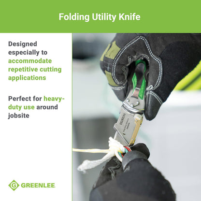 0652-22 8.9" Folding Utility Knife with Retractable 3-Position Serrated Blade, Silver/Green