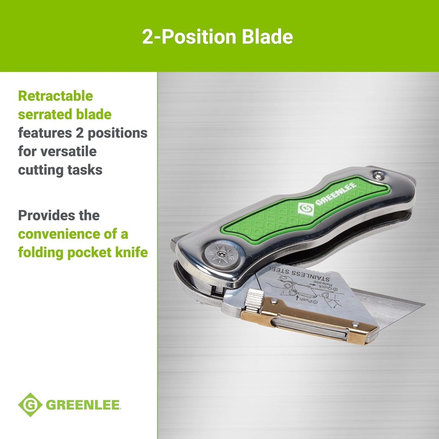 0652-22 8.9" Folding Utility Knife with Retractable 3-Position Serrated Blade, Silver/Green