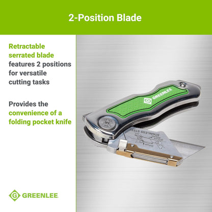 0652-22 8.9" Folding Utility Knife with Retractable 3-Position Serrated Blade, Silver/Green