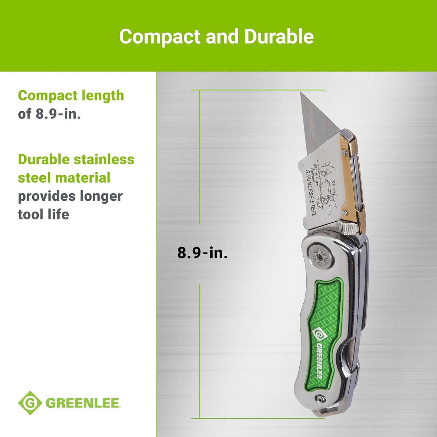 0652-22 8.9" Folding Utility Knife with Retractable 3-Position Serrated Blade, Silver/Green