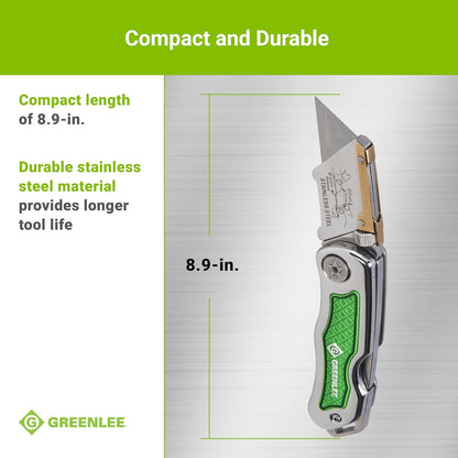 0652-22 8.9" Folding Utility Knife with Retractable 3-Position Serrated Blade, Silver/Green