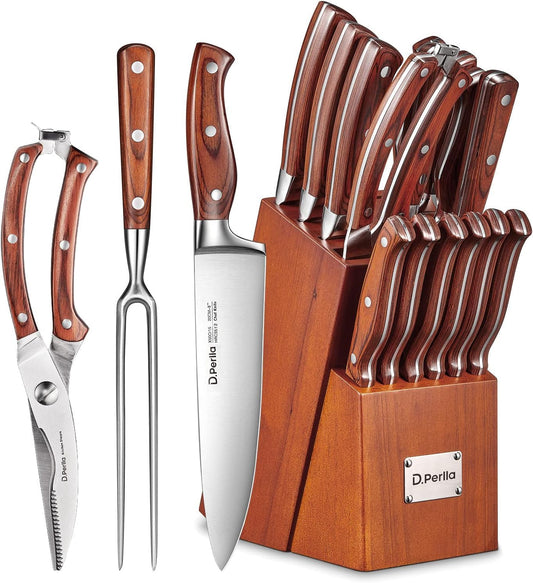 Kitchen Knife Set, 16 Pcs Stainless Steel Kitchen Knife Set with Sharpener & Wooden Block, Knife Block Set with Wood Handle, Chef, Santoku, Bread, Utility, Paring & Carving Fork Knife, Brown