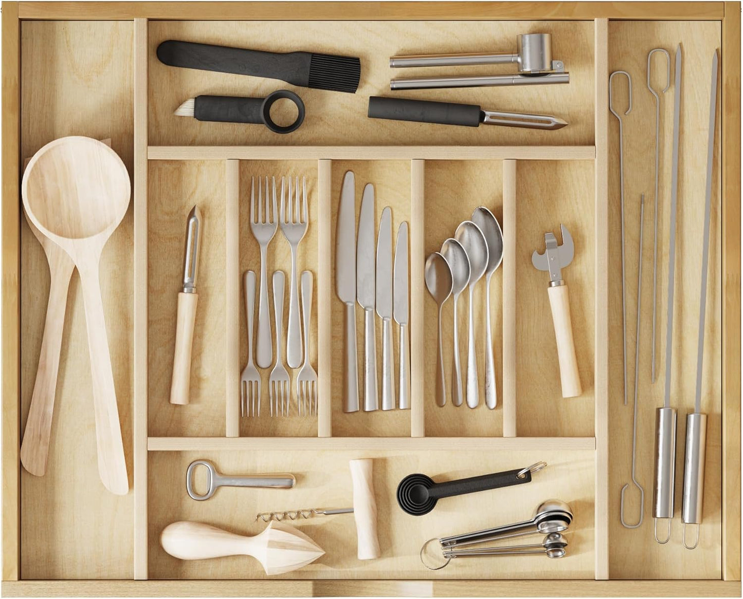 Premium Wooden Silverware Organizer for Kitchen Drawers, Utensil Tray for Kitchen Drawer, Cutlery Drawer Organizer for Forks, Spoons, Knives - Sturdy Birchwood, Natural Finish