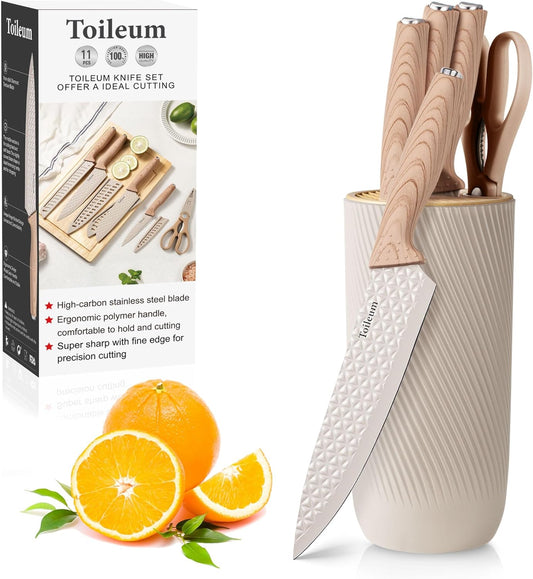 Khaki Kitchen Knife Set with Block for cooking necessities,11 pieces knives block set for kitchen appliances, Anti-Rust Non-Stick Stainless Steel with 5 Blade Guards