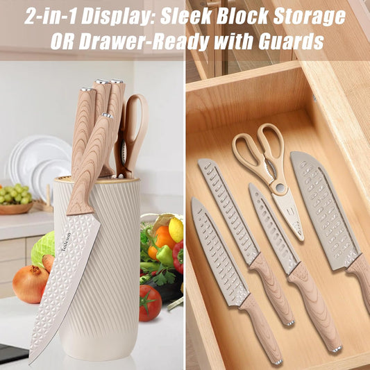 Khaki Kitchen Knife Set with Block for cooking necessities,11 pieces knives block set for kitchen appliances, Anti-Rust Non-Stick Stainless Steel with 5 Blade Guards