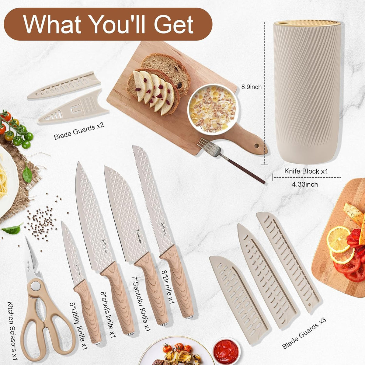 Khaki Kitchen Knife Set with Block for cooking necessities,11 pieces knives block set for kitchen appliances, Anti-Rust Non-Stick Stainless Steel with 5 Blade Guards