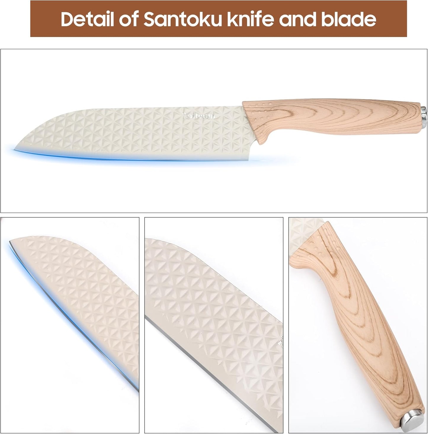 Khaki Kitchen Knife Set with Block for cooking necessities,11 pieces knives block set for kitchen appliances, Anti-Rust Non-Stick Stainless Steel with 5 Blade Guards