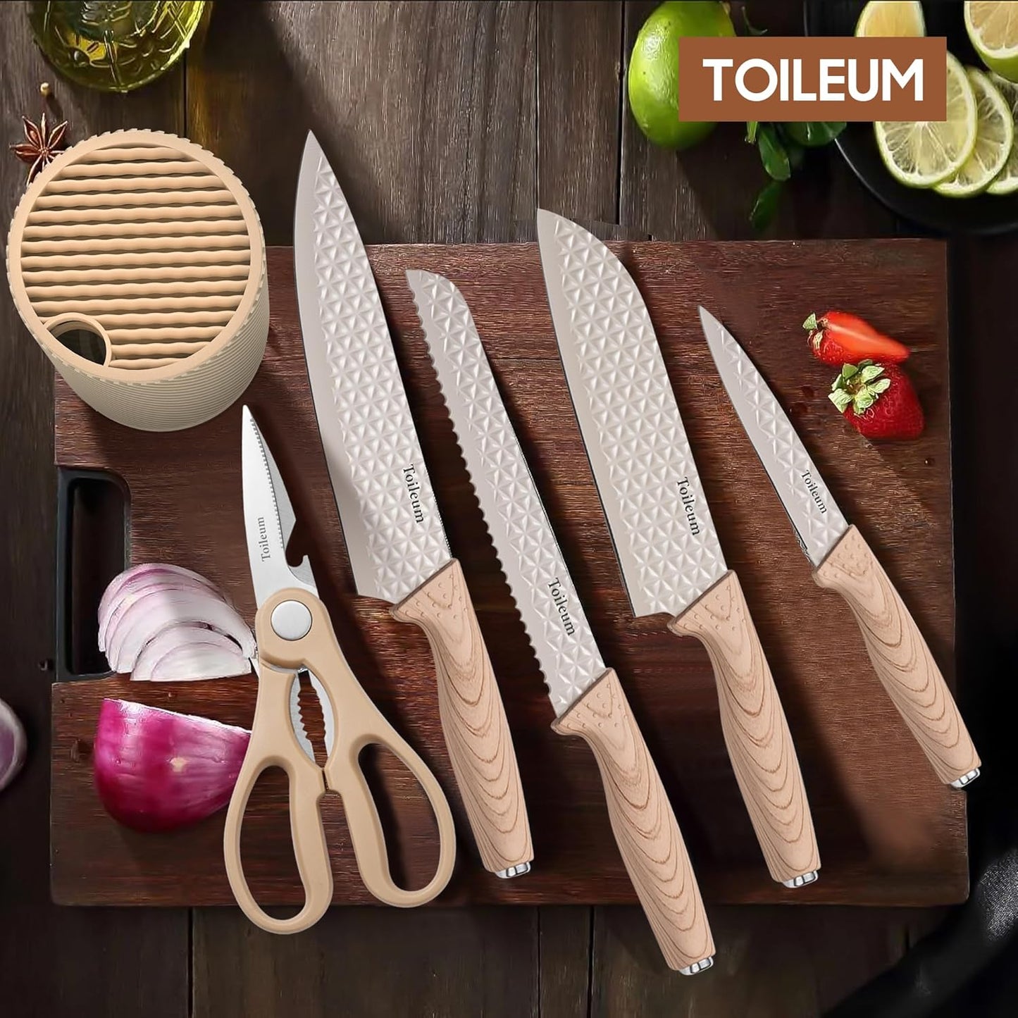 Khaki Kitchen Knife Set with Block for cooking necessities,11 pieces knives block set for kitchen appliances, Anti-Rust Non-Stick Stainless Steel with 5 Blade Guards