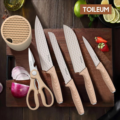 Khaki Kitchen Knife Set with Block for cooking necessities,11 pieces knives block set for kitchen appliances, Anti-Rust Non-Stick Stainless Steel with 5 Blade Guards