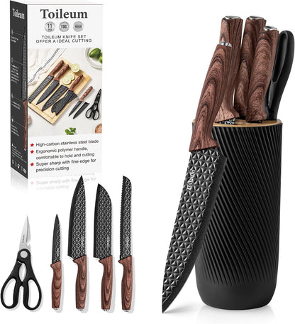 Khaki Kitchen Knife Set with Block for cooking necessities,11 pieces knives block set for kitchen appliances, Anti-Rust Non-Stick Stainless Steel with 5 Blade Guards