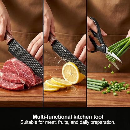Khaki Kitchen Knife Set with Block for cooking necessities,11 pieces knives block set for kitchen appliances, Anti-Rust Non-Stick Stainless Steel with 5 Blade Guards