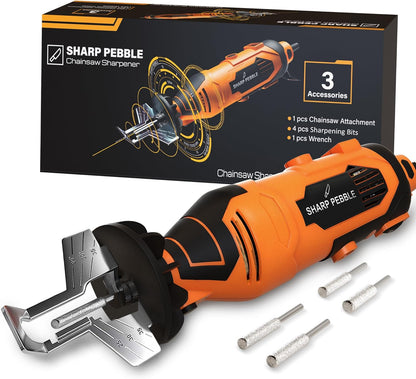Electric Chainsaw Sharpener Kit – Chain Saw Sharpening Tool | 4 File Size Grinding Wheel Bits, Angle Guide Attachment, Wrench & eBook – Sharpens Every Tooth Evenly, Better Than a File