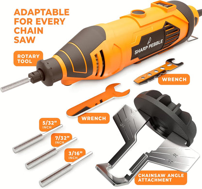 Electric Chainsaw Sharpener Kit – Chain Saw Sharpening Tool | 4 File Size Grinding Wheel Bits, Angle Guide Attachment, Wrench & eBook – Sharpens Every Tooth Evenly, Better Than a File