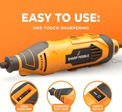 Electric Chainsaw Sharpener Kit – Chain Saw Sharpening Tool | 4 File Size Grinding Wheel Bits, Angle Guide Attachment, Wrench & eBook – Sharpens Every Tooth Evenly, Better Than a File
