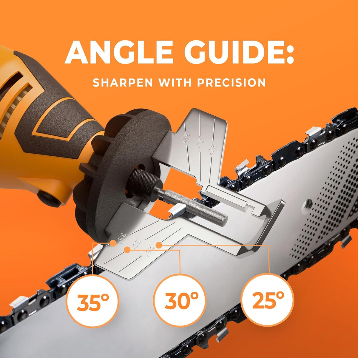 Electric Chainsaw Sharpener Kit – Chain Saw Sharpening Tool | 4 File Size Grinding Wheel Bits, Angle Guide Attachment, Wrench & eBook – Sharpens Every Tooth Evenly, Better Than a File