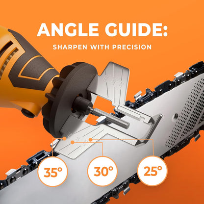 Electric Chainsaw Sharpener Kit – Chain Saw Sharpening Tool | 4 File Size Grinding Wheel Bits, Angle Guide Attachment, Wrench & eBook – Sharpens Every Tooth Evenly, Better Than a File