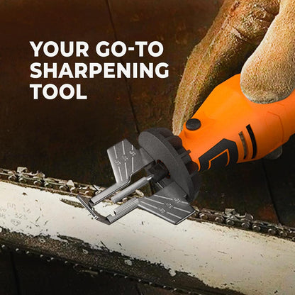 Electric Chainsaw Sharpener Kit – Chain Saw Sharpening Tool | 4 File Size Grinding Wheel Bits, Angle Guide Attachment, Wrench & eBook – Sharpens Every Tooth Evenly, Better Than a File