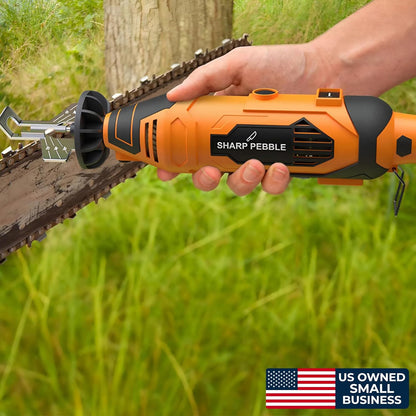 Electric Chainsaw Sharpener Kit – Chain Saw Sharpening Tool | 4 File Size Grinding Wheel Bits, Angle Guide Attachment, Wrench & eBook – Sharpens Every Tooth Evenly, Better Than a File