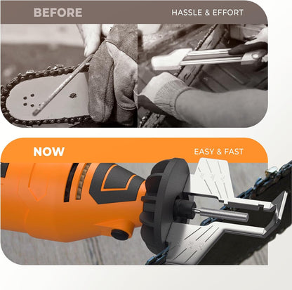 Electric Chainsaw Sharpener Kit – Chain Saw Sharpening Tool | 4 File Size Grinding Wheel Bits, Angle Guide Attachment, Wrench & eBook – Sharpens Every Tooth Evenly, Better Than a File