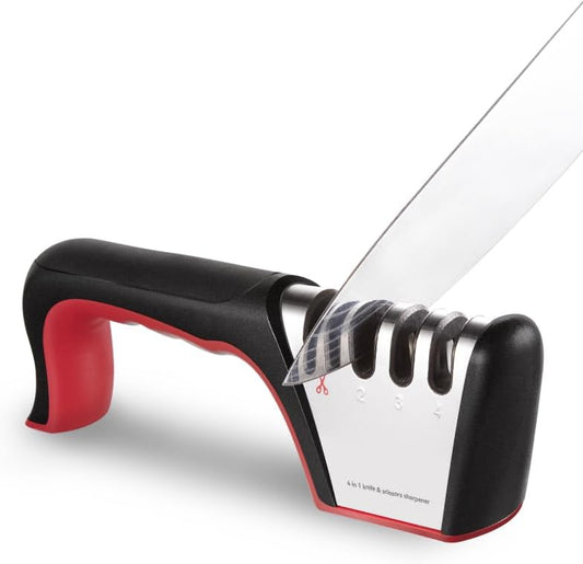 Knife Sharpener, 4-in-1 Kitchen Knife and Scissor Sharpener | Coarse, medium, fine, plus scissor slot, angle guides, non-slip base, ergonomic handle, for steel and ceramic knives
