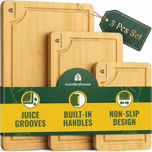 Bamboo Cutting Boards for Kitchen, Set of 3 with Juice Grooves | Thick & Durable with Built-in Handles, Large Surface – Easy to Clean for Meat, Veggies & Fruit