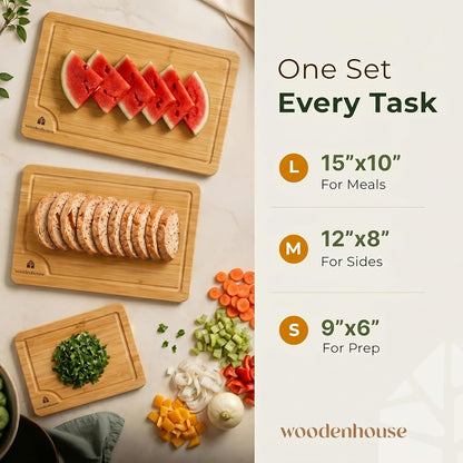 Bamboo Cutting Boards for Kitchen, Set of 3 with Juice Grooves | Thick & Durable with Built-in Handles, Large Surface – Easy to Clean for Meat, Veggies & Fruit