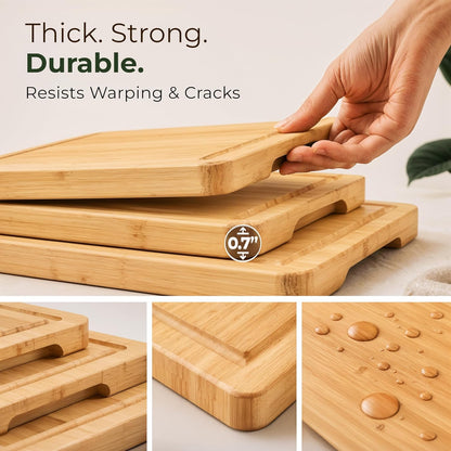 Bamboo Cutting Boards for Kitchen, Set of 3 with Juice Grooves | Thick & Durable with Built-in Handles, Large Surface – Easy to Clean for Meat, Veggies & Fruit