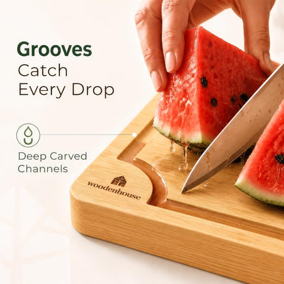 Bamboo Cutting Boards for Kitchen, Set of 3 with Juice Grooves | Thick & Durable with Built-in Handles, Large Surface – Easy to Clean for Meat, Veggies & Fruit