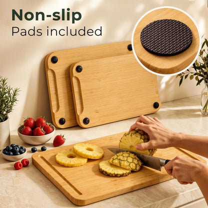 Bamboo Cutting Boards for Kitchen, Set of 3 with Juice Grooves | Thick & Durable with Built-in Handles, Large Surface – Easy to Clean for Meat, Veggies & Fruit