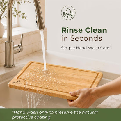 Bamboo Cutting Boards for Kitchen, Set of 3 with Juice Grooves | Thick & Durable with Built-in Handles, Large Surface – Easy to Clean for Meat, Veggies & Fruit