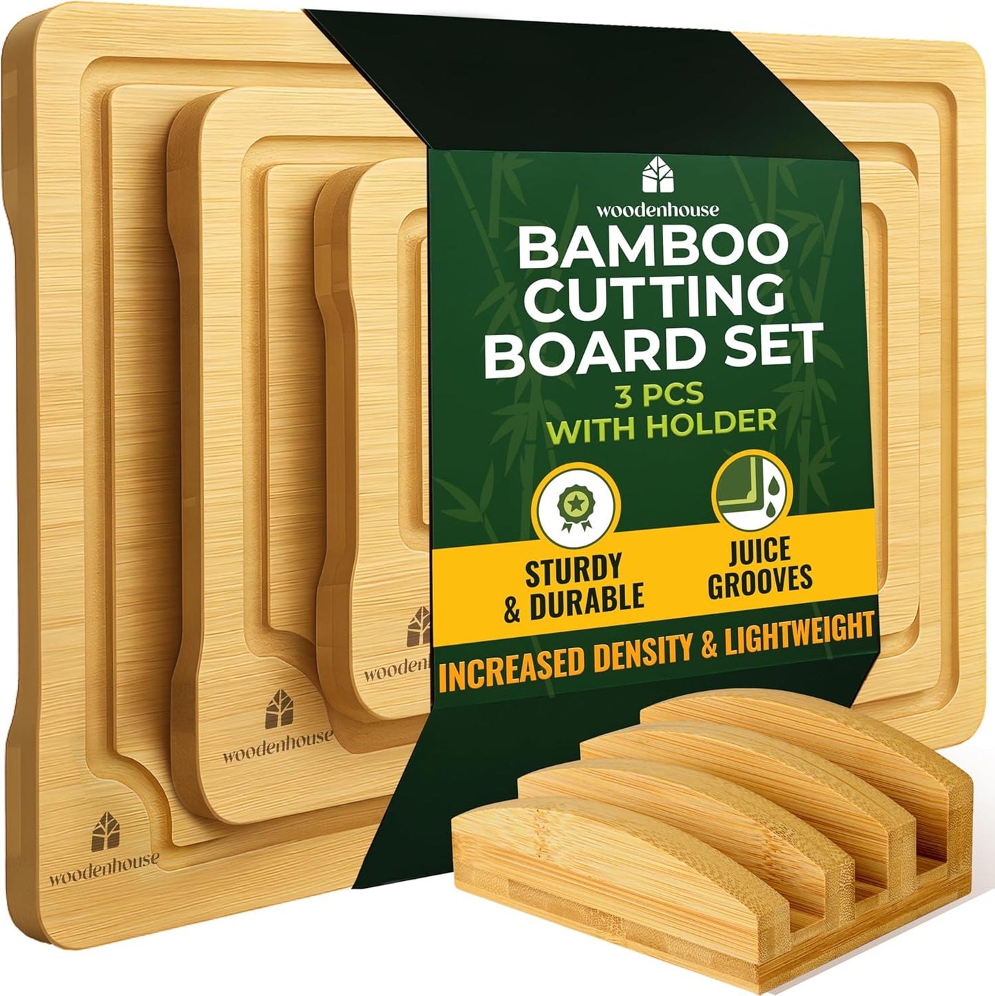Bamboo Cutting Boards for Kitchen, Set of 3 with Juice Grooves | Thick & Durable with Built-in Handles, Large Surface – Easy to Clean for Meat, Veggies & Fruit