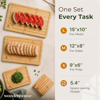 Bamboo Cutting Boards for Kitchen, Set of 3 with Juice Grooves | Thick & Durable with Built-in Handles, Large Surface – Easy to Clean for Meat, Veggies & Fruit