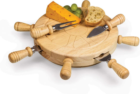 PICNIC TIME Mariner Cheese Board and Knife Set, Novelty Charcuterie Board Set with Stainless Steel Tools Housed in Helm Case Under the Lid, Swivel-Open Serving Platter, and Charcuterie Set, (Parawood)