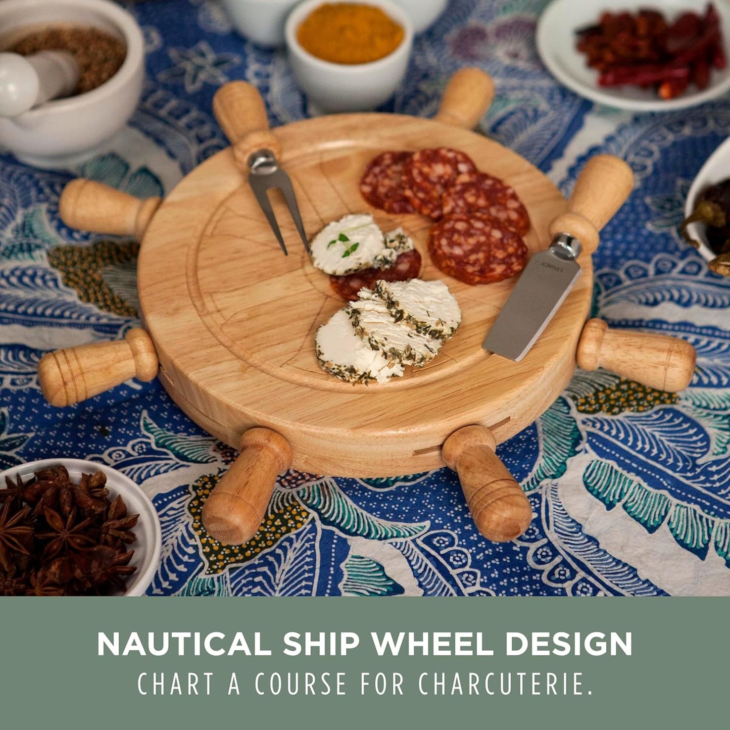 PICNIC TIME Mariner Cheese Board and Knife Set, Novelty Charcuterie Board Set with Stainless Steel Tools Housed in Helm Case Under the Lid, Swivel-Open Serving Platter, and Charcuterie Set, (Parawood)