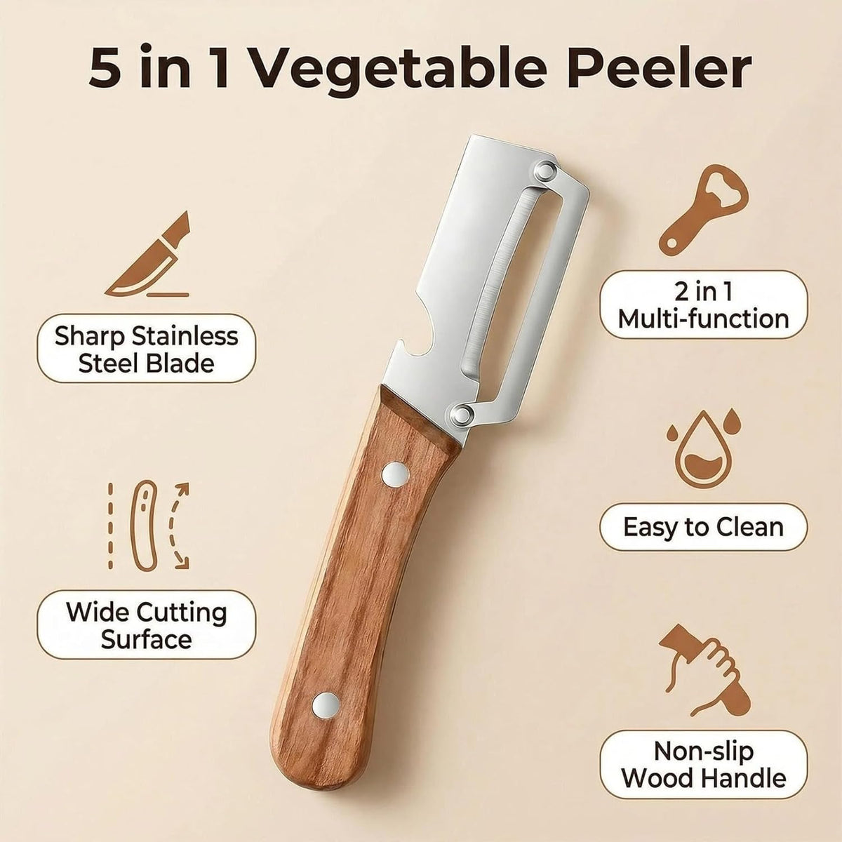 2-in-1 stainless steel vegetable peeler with wooden handle and bottle opener, stainless steel blade, non-slip kitchen fruit peeler（2pcs）