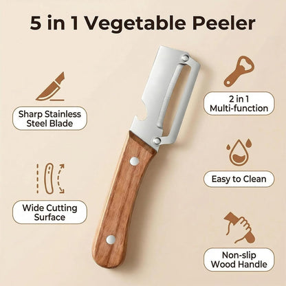 2-in-1 stainless steel vegetable peeler with wooden handle and bottle opener, stainless steel blade, non-slip kitchen fruit peeler（2pcs）