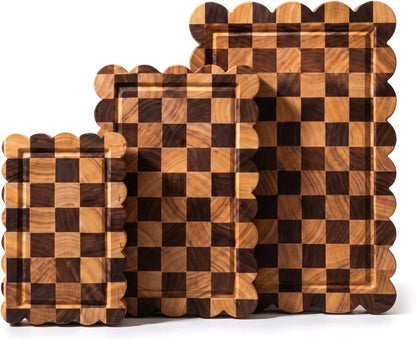 3 Pcs Checkered Scalloped Cutting Board for Kitchen, Wood Chopping Board with Juice Grooves, Decorative Cutting Boards for Serving, Butcher Block for Meat and Bread (9x5.9,12x7.9,15x10 Inch)