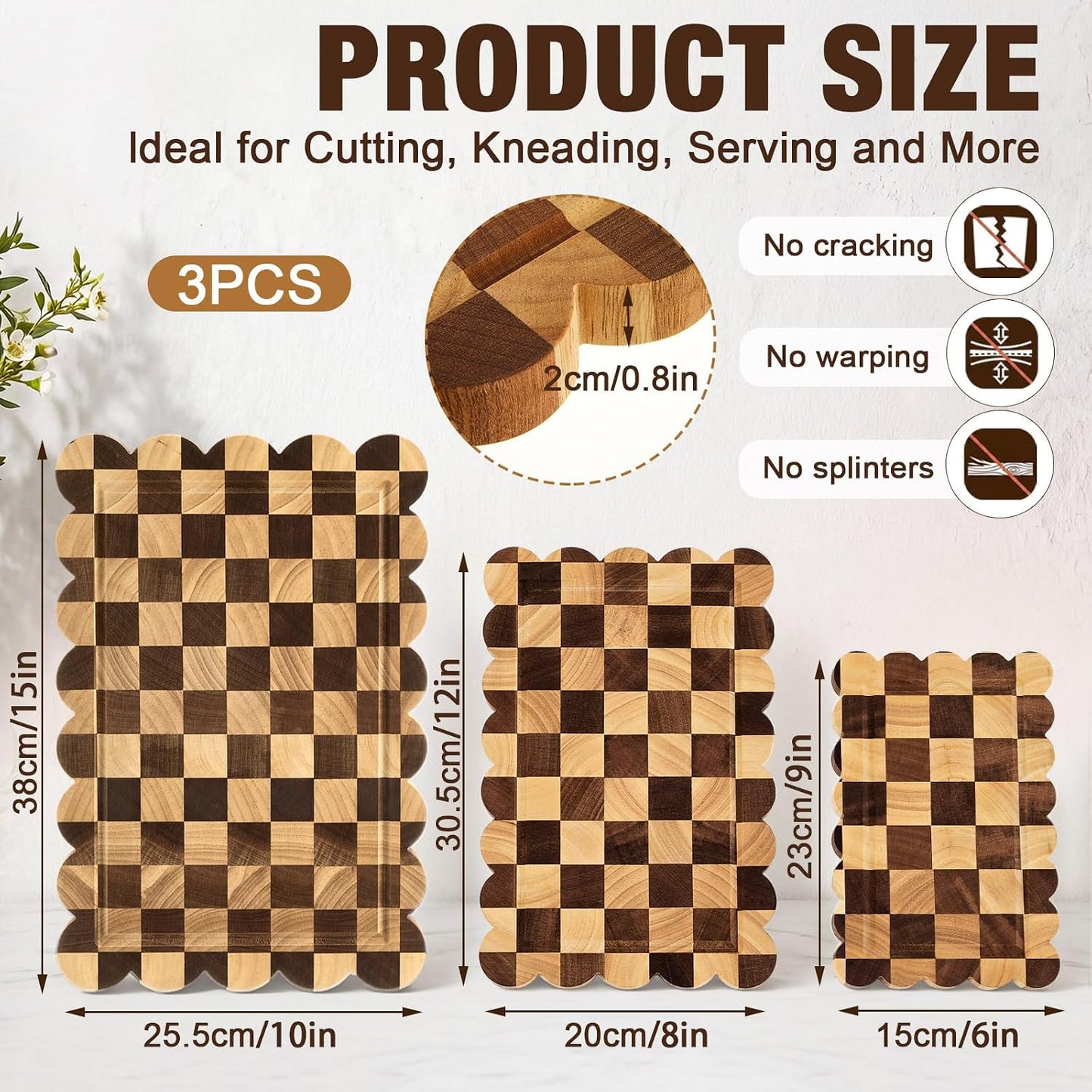 3 Pcs Checkered Scalloped Cutting Board for Kitchen, Wood Chopping Board with Juice Grooves, Decorative Cutting Boards for Serving, Butcher Block for Meat and Bread (9x5.9,12x7.9,15x10 Inch)