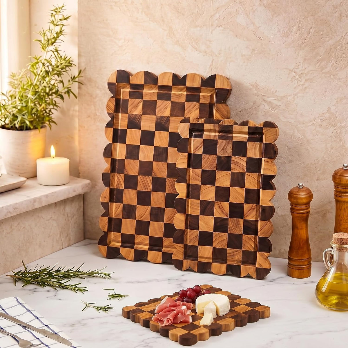 3 Pcs Checkered Scalloped Cutting Board for Kitchen, Wood Chopping Board with Juice Grooves, Decorative Cutting Boards for Serving, Butcher Block for Meat and Bread (9x5.9,12x7.9,15x10 Inch)