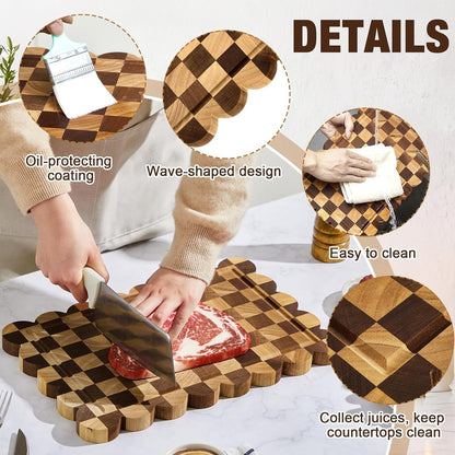 3 Pcs Checkered Scalloped Cutting Board for Kitchen, Wood Chopping Board with Juice Grooves, Decorative Cutting Boards for Serving, Butcher Block for Meat and Bread (9x5.9,12x7.9,15x10 Inch)