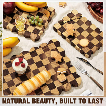 3 Pcs Checkered Scalloped Cutting Board for Kitchen, Wood Chopping Board with Juice Grooves, Decorative Cutting Boards for Serving, Butcher Block for Meat and Bread (9x5.9,12x7.9,15x10 Inch)