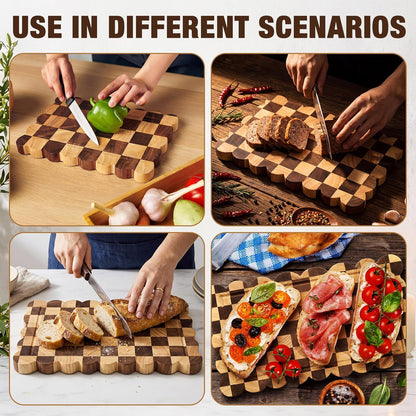 3 Pcs Checkered Scalloped Cutting Board for Kitchen, Wood Chopping Board with Juice Grooves, Decorative Cutting Boards for Serving, Butcher Block for Meat and Bread (9x5.9,12x7.9,15x10 Inch)