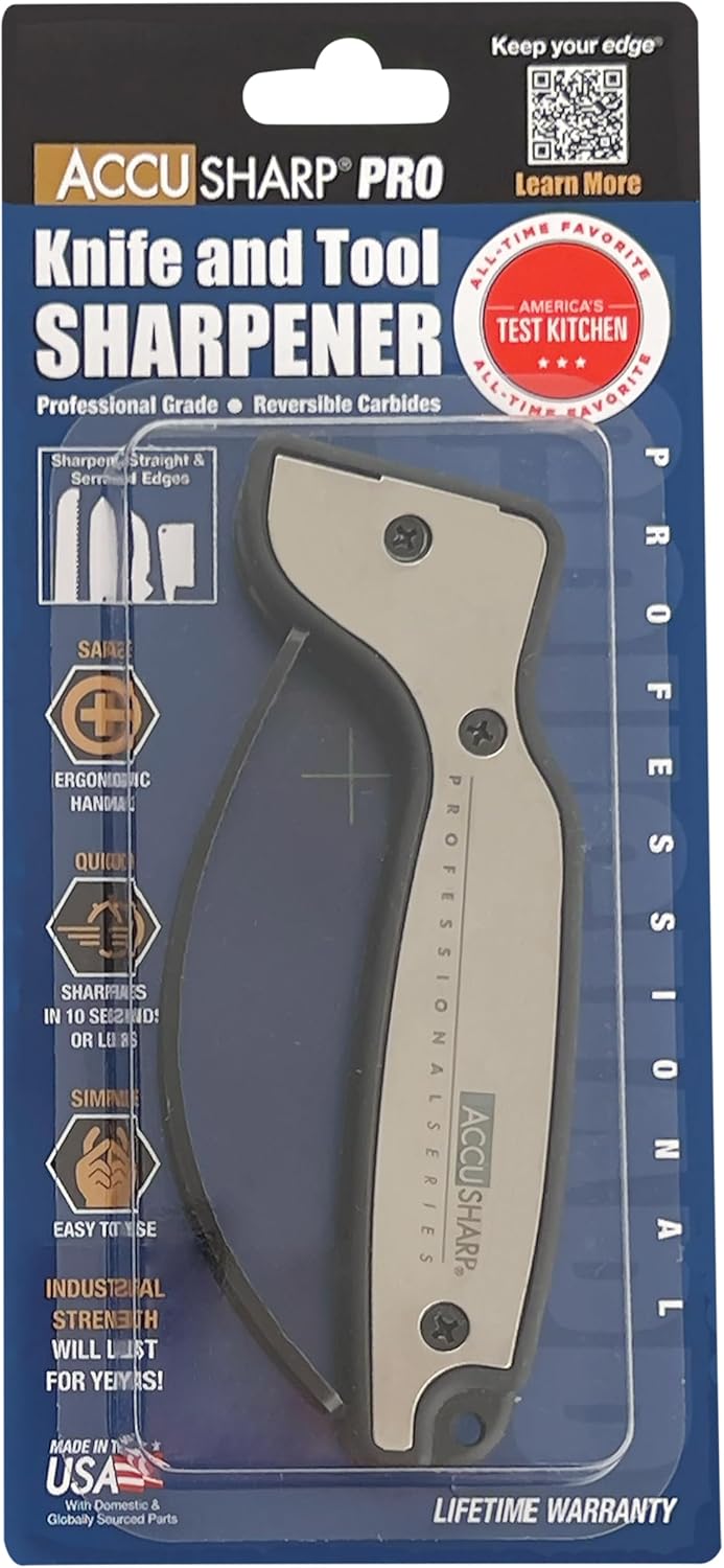 AccuSharp Knife Sharpener, Ergonomic Comfortable Handle, Compact & Easy to Use, Restore and Hone Straight & Serrated Knives, White