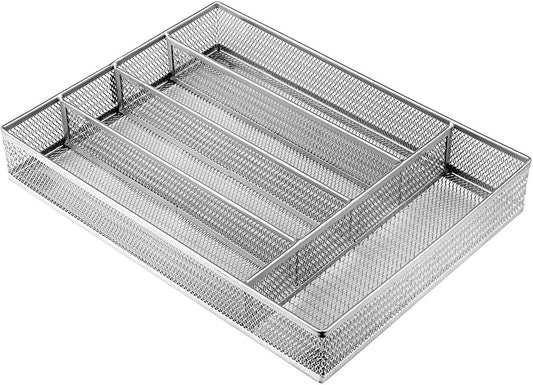 Drawer Organizer, Cutlery Tray Silverware Flatware Storage Divider for Kitchen, Mesh Wire with Non-slip Foam Feet, 5 Component, Silver