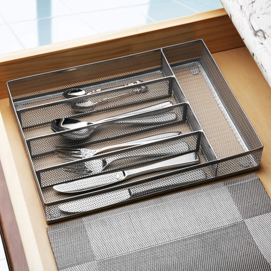 Drawer Organizer, Cutlery Tray Silverware Flatware Storage Divider for Kitchen, Mesh Wire with Non-slip Foam Feet, 5 Component, Silver